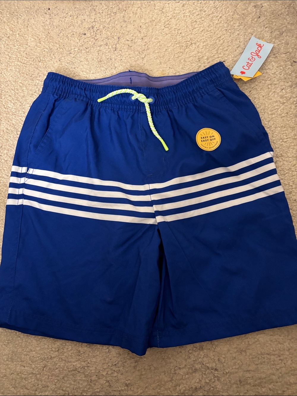 Cat & Jack Blue Swim Trunks with White Stripes and Neon Drawstring nwt XL 14